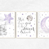 Nursery decor girl purple, elephant nursery, lavender and gray, lilac, we love you to the moon and back, moon nursery, girl nursery ideas