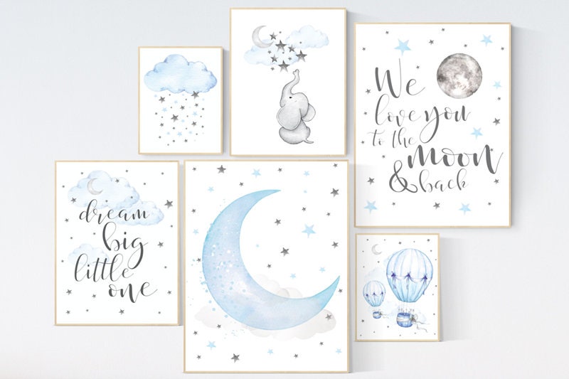 Nursery decor boy elephant, blue and gray nursery, hot air balloon, twinkle twinkle little star, boys room decor, oh the places you&