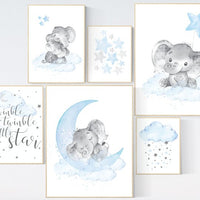 Nursery decor elephant, nursery wall art boy, Blue grey, cloud and stars nursery, elephant nursery art, moon nursery art, baby room wall art