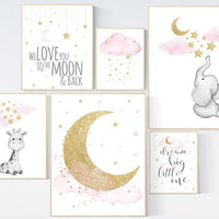 Nursery decor girl elephant, pink and gold nursery, we love you to the moon and back, pink nursery wall art, moon and stars nursery art