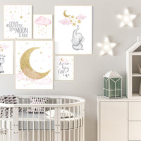Nursery decor girl elephant, pink and gold nursery, we love you to the moon and back, pink nursery wall art, moon and stars nursery art