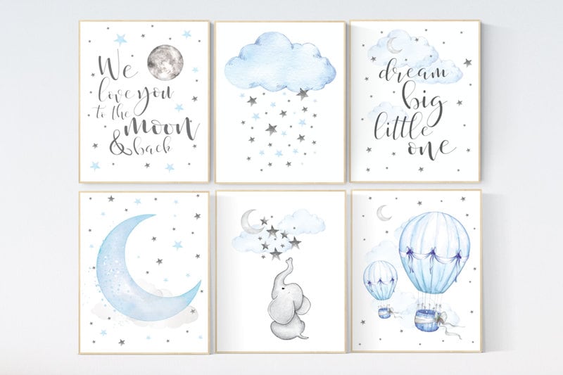 Nursery decor boy elephant, nursery wall art boy, moon and stars, hot air balloon, elephant nursery art, Blue and gray, cloud nursery