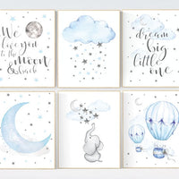 Nursery decor boy elephant, nursery wall art boy, moon and stars, hot air balloon, elephant nursery art, Blue and gray, cloud nursery