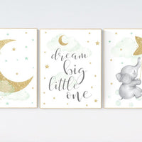 Nursery decor elephant, nursery decor neutral. neutral, green nursery wall art,green gold nursery, moon and stars nursery, gold nursery