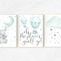 Nursery decor turquoise, Nursery decor elephant, Mint nursery decor, hot air balloon, nursery decor neutral, mint green nursery wall art