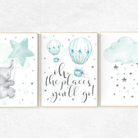 Nursery decor neutral, Nursery decor turquoise, Nursery decor elephant, Mint nursery decor, hot air balloon, aqua nursery art, mint green