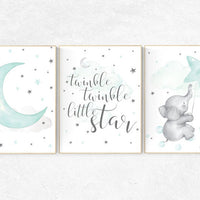 Nursery decor neutral, Nursery decor turquoise, Nursery decor elephant, Mint nursery decor, aqua nursery art, mint green, cloud and star,
