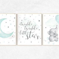 Twinkle twinkle little star, Nursery decor elephant, Mint nursery, aqua nursery art, cloud and star, Nursery decor neutral, turquoise
