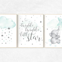 Mint green nursery decor, baby room decor elephant, nursery wall art print, aqua nursery decor, cloud nursery, gender neutral, turquoise