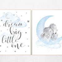 Nursery decor boy elephant, nursery wall art elephant, baby room decor boy, cloud and stars, Elephant Nursery Art, dream big little one