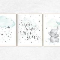 Mint green nursery decor, baby room decor elephant, nursery wall art print, aqua nursery decor, cloud nursery, baby room decor unisex