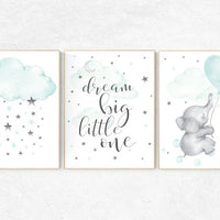 Nursery decor elephant, mint green nursery, dream big little one, nursery wall art elephant, cloud and raindrops, aqua nursery art, neutral