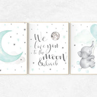 Nursery decor elephant, we love you to the moon and back, Mint nursery decor, nursery decor neutral, nursery wall art, cloud and star, aqua