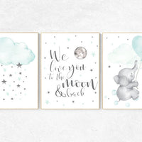 Nursery decor elephant, we love you to the moon and back, Mint nursery, nursery decor neutral, cloud and star, nursery wall art, mint green