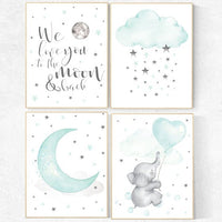 Nursery decor elephant, Mint nursery, gender neutral nursery, we love you to the moon and back, mint green nursery wall art, cloud and star