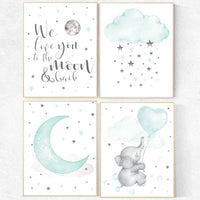 Mint nursery, gender neutral nursery, Nursery decor elephant, twinkle twinkle little star, mint green nursery wall art, cloud and star