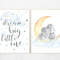Baby room wall art neutral, nursery decor elephant, neutral nursery wall art, dream big little one, blue and yellow, gender neutral nursery