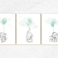 Nursery decor elephant, gender neutral nursery decor, nursery wall art animals, elephant balloon print, mint yellow nursery decor, baby room