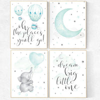 Mint nursery decor, nursery decor elephant, hot air balloon, gender neutral nursery, oh the places you'll go, mint green nursery wall art
