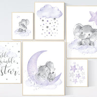 Nursery decor girl purple, nursery decor elephant girl, moon and stars, nursery prints girl, lavender, star nursery, lilac nursery decor,