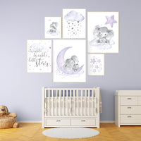 Nursery decor girl purple, nursery decor elephant girl, moon and stars, nursery prints girl, lavender, star nursery, lilac nursery decor,