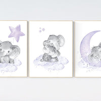 Girls room decor purple, Nursery decor girl purple, nursery decor elephant girl, moon and stars, lavender, star nursery, lilac nursery decor