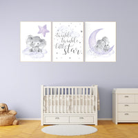 Nursery decor girl purple, nursery prints elephant, Girls room decor purple, moon and stars, lavender, star nursery, lilac nursery, cloud