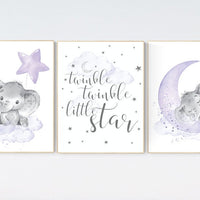 Nursery decor girl purple, nursery prints elephant, Girls room decor purple, moon and stars, lavender, star nursery, lilac nursery, cloud