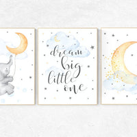 Nursery wall art elephant, nursery decor neutral, dream big little one, cloud and stars, moon nursery decor, moon and stars, gender neutral