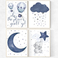 Nursery decor boy elephant, oh the places you'll go, navy nursery decor, cloud and stars, hot air balloon, navy blue nursery art. baby room