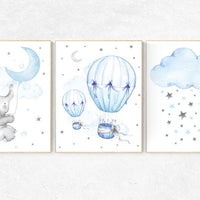nursery wall art elephant, Nursery decor boy hot air balloon, elephant balloon, baby room decor, blue and gray nursery, nursery prints