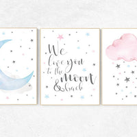 Nursery decor pink blue, we love you to the moon and back, cloud and stars, moon and stars nursery, pink and blue, twins nursery decor