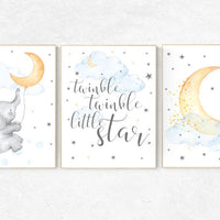 Baby room decor elephant, twinkle twinkle little star, cloud and stars, baby room art, moon and stars, gender neutral, nursery decor neutral
