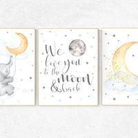 Baby Room Wall Art, neutral nursery, Gender neutral nursery, we love you to the moon and back, Baby wall decor, baby room decor, blue yellow