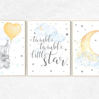 Nursery decor neutral, twinkle twinkle little star, elephant nursery wall art, moon and stars nursery gender neutral, elephant balloon
