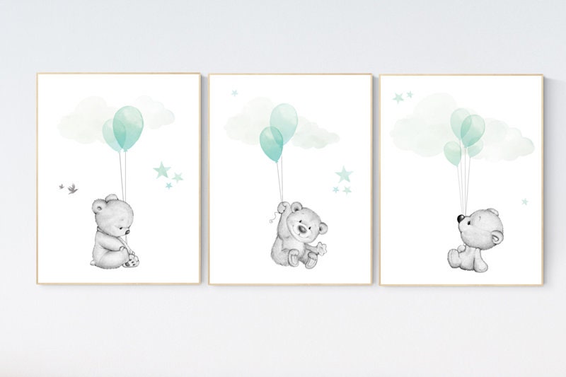 Nursery decor boy and girl, bear nursery, mint nursery decor, mint green nursery wall art, nursery wall art animals, balloon nursery art