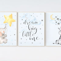 Elephant nursery, dream big little one, Blue and gray, Nursery decor boy, nursery decor, boys room decor, , clouds and stars, blue grey