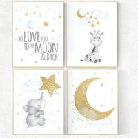 Nursery decor boy elephant, blue and gold nursery, we love you to the moon and back, blue nursery wall art, cloud and stars, giraffe nursery