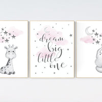 Nursery wall art elephant, nursery wall art girl, giraffe nursery, Pink and gray nursery, dream big little one, moon and stars nursery