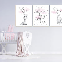 Nursery wall art elephant, nursery wall art girl, giraffe nursery, Pink and gray nursery, dream big little one, moon and stars nursery