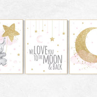 Nursery wall art girl elephant, pink and gold nursery, we love you to the moon and back, pink nursery art, cloud and stars, baby room decor