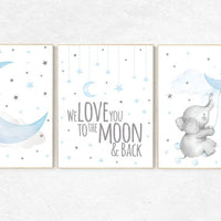 Nursery decor Elephant, blue grey, we love you to the moon and back, Blue and gray, Nursery decor boy, boy nursery, moon and stars wall art