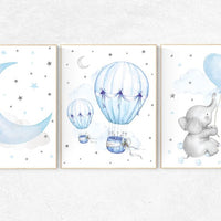Nursery decor elephant, Nursery decor boy hot air balloon, nursery wall art boy, blue and gray, baby room decor, nursery prints, moon, stars