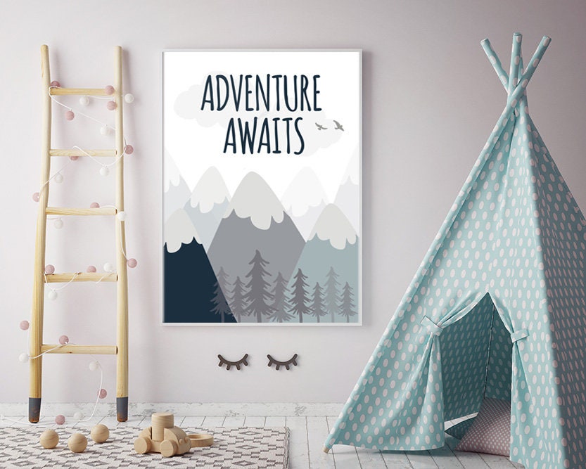 Nursery decor boy mountains adventure, nursery wall art woodland, adventure awaits nursery, nursery decor neutral, baby room decor mountains