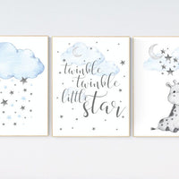 Giraffe art nursery, nursery decor boy, blue nursery art, giraffe nursery decor, twinkle twinkle little star, cloud and star nursery, boy