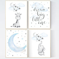Nursery decor boy elephant, blue nursery art, giraffe print nursery, elephant decor for nursery, dream big little one, Boy nursery decor