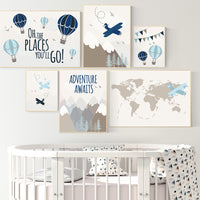 Travel themed nursery, hot air balloon, adventure nursery, mountain, adventure awaits, planes, world map, gender neutral, nursery prints