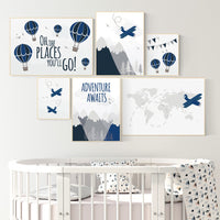 Nursery decor boy mountain, adventure nursery, adventure awaits, hot air balloon, world map, navy gray, grey, airplane, boys nursery ideas