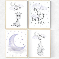 Nursery decor girl giraffe, Nursery decor girl purple, purple nursery print, nursery decor elephant, elephant giraffe, dream big little one
