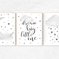 Nursery wall art black and white, gray nursery, nursery decor neutral, baby room decor gender neutral cloud and stars, dream big little one